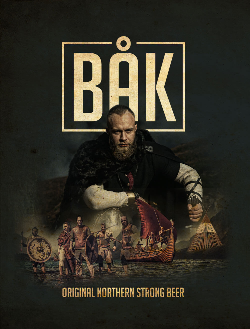 Ein Key Visual für "Original Northern Strong Beer" der Marke BAK, die eine Reihe von Personen im Kleidungsstil der Wikinger zeigt.